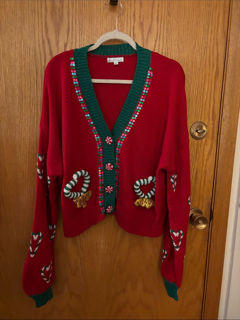 Festive Red Candy Cane Embellished Cardigan Sweater